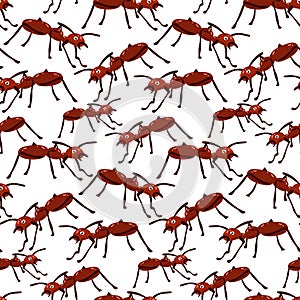 Ant cartoon vector seamless background. Large brown ants on a white background. Repeating texture. Children's