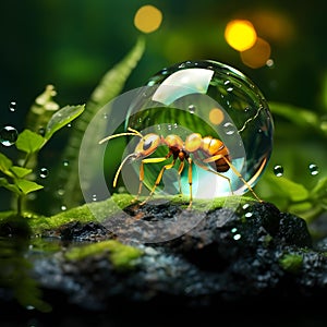 An ant gracefully traverses a vibrant green leaf, while a mesmerizing bubble hovers nearby. In the background. AI generated