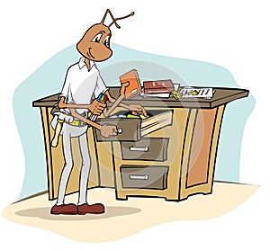 Ant mascot illustration organizing office equipment