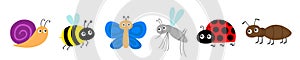 Ant, mosquito, butterfly, snail cochlea, bee bumblebee, lady bug ladybird flying insect icon set. Ladybug. Cute cartoon kawaii