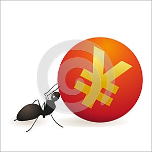 Ant pushing big symbol of Yuan photo
