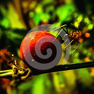 Ant  On Red Fruit Macro  View