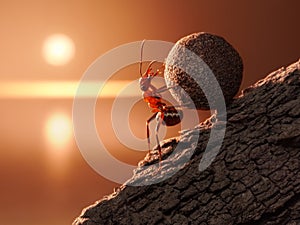 Ant Sisyphus rolls stone uphill on mountain photo