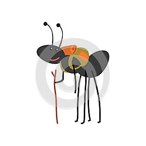 Ant travelling with backpack, cute cartoon animal having hiking adventure travel or camping trip vector Illustration on