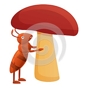 Ant under mushroom icon, cartoon style