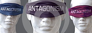 Antagonism can blind our views and limit perspective - pictured as word Antagonism on eyes to symbolize that Antagonism can photo