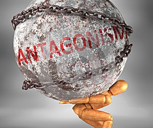 Antagonism and hardship in life - pictured by word Antagonism as a heavy weight on shoulders to symbolize Antagonism as a burden, photo