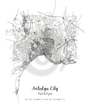 Antalya city vector map poster. Turkey municipality linear street map