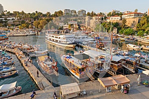 Boats moored at Antalya harbour in Turkey.