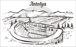 Antalya skyline sketch. The ancient city of Aspendos Antalya, Turkey hand drawn