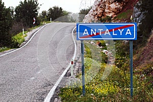 Antalya, Turkey - April 4, 2022: Road sign at the exit from Antalya, the largest Turkish city on the Mediterranean coast outside