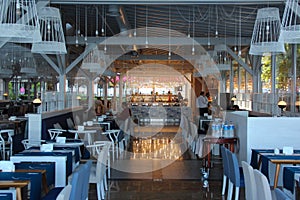 Antalya, Turkey- 6 Jun 2017: The restaurant at the five star hotel Ramada Plaza, morning, empty tables