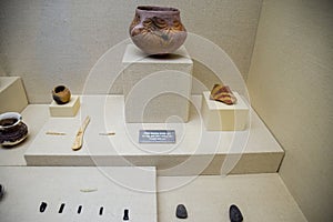 Exhibits of Antalya Museum of Antiquities, stone scrapers and knives and pottery