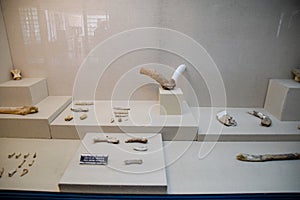 Exhibits of Antalya Museum of Antiquities, stone scrapers and knives and pottery