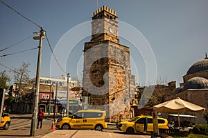 Antalya, Turkey - may 2023 Old town Kaleici panoramic view with mosque minaret and Clock Tower.
