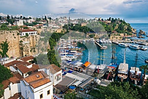 Top view of Antalya city and harbour with moored ships