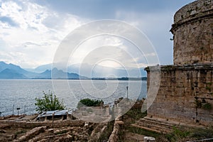 Top view of Antalya city and harbour with moored ships