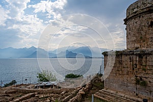 Top view of Antalya city and harbour with moored ships