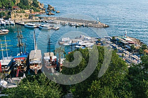 Top view of Antalya city and harbour with moored ships