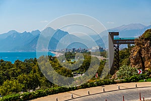 ANTALYA, TURKEY: View of Konyaalti beach and elevator in summer in Antalya.