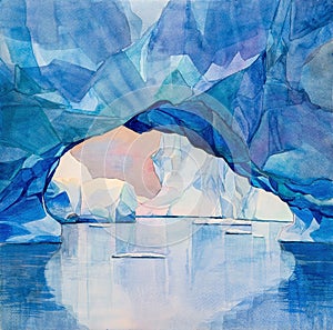 Antarctic ice arch through which blocks of white ice are visible, landscape about the Antarctic, watercolor handwork