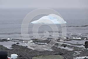 Antarctic iceberg shot from the shore on a cloudy day