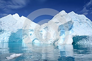 Antarctic iceberg in turquoise and white with caves and texture, dark blue sea ice flows and reflections, Paradise Bay, Antarctica