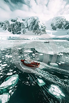 Antarctic krill fishing techniques: Fishermen on boat in icy waters, employing traditional methods to sustainably harvest krill.