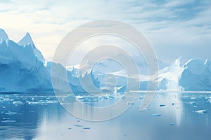 Antarctic landscape with icebergs, ice floes and snow, Blue ice-covered mountains in the South Polar Ocean, Winter Antarctic