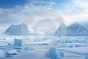 Antarctic landscape with icebergs and mountains. 3d rendering, Blue ice-covered mountains in the South Polar Ocean, Winter