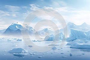 Antarctic landscape with icebergs and mountains. 3d rendering, Blue ice-covered mountains in the South Polar Ocean, Winter