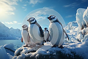 Antarctic penguin, sandy shores, encircled by towering icebergs, a tranquil panorama