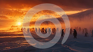 Antarctic penguins huddle at sunset in vast snowfield for stunning wildlife photography