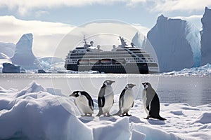 Antarctic penguins on the ice floe and cruise ship, Antarctica penguins and cruise ship, AI Generated