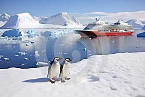 Antarctic penguins on the ice floe with cruise ship, Antarctica penguins and a cruise ship, AI Generated