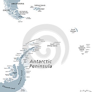 Antarctic Peninsula area, from Patagonia to Antarctica, gray political map