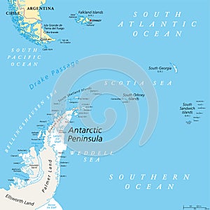 Antarctic Peninsula area, from Patagonia to Antarctica, political map