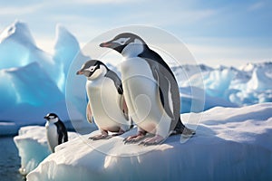 Antarctic scene Gentoo and Chinstrap penguins on an iceberg