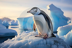 Antarctic scene Gentoo and Chinstrap penguins on an iceberg