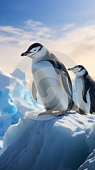 Antarctic scene Gentoo and Chinstrap penguins on an iceberg