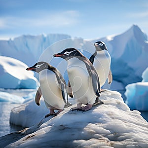 Antarctic scene Gentoo and Chinstrap penguins on an iceberg