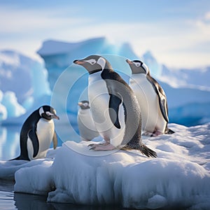 Antarctic scene Gentoo and Chinstrap penguins on an iceberg