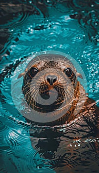 Antarctic seal gracefully swimming in frigid waters while sea lion lounges on icy terrain