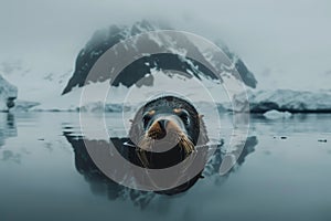 Antarctic seal gracefully swimming in icy waters alongside a sea lion resting on the ice