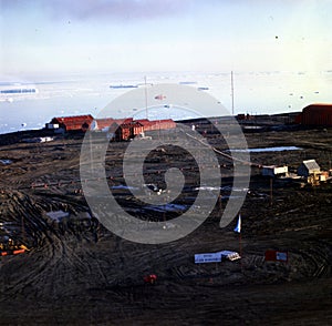 antarctica aerial view of the marambio antartica base with hangar and buildings irizar icebreaker background argentina photo