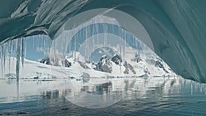 Antarctica mountain landscape from glacier arch aerial. Ecology problem, global warming. Environment