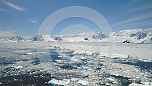 Antarctica peninsula ocean shore seascape aerial