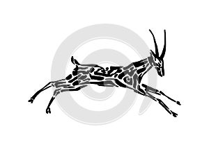 Antelope animal decorative vector illustration painted by ink, hand drawn grunge cave painting, black isolated running silhouette