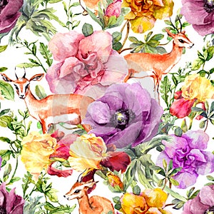 Antelope animal in flowers. Fashion repeating pattern. Watercolor