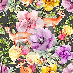 Antelope animal and flowers. Vintage ditsy repeating pattern. Water color